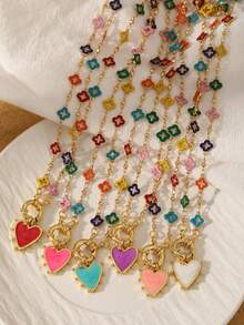 1 Piece Women's Heart Necklace, Copper Drip Oil Heart Hollow Out Lucky Straw Circle Clasp Necklace, Gold Heart Pendant Necklace, Chunky Faux Gold Chain, Birthday Gift Holiday Gift (Hand-Cut, Four-Leaf Clover Colors And Zirconia Are Randomly Selected. Pendant Can Be DIY ) - Multicolor - View 5