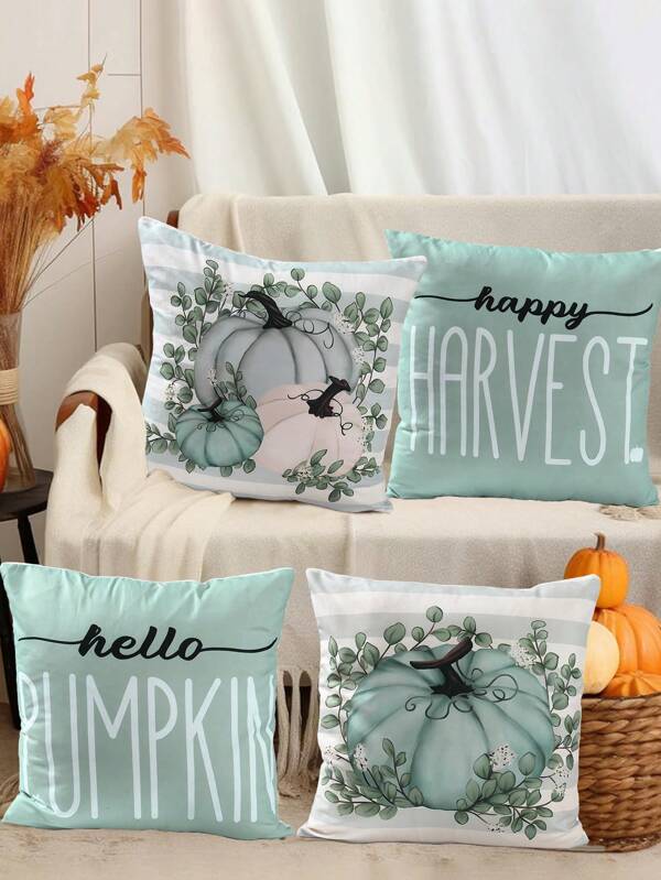 1/4pcs Orange Autumn Pumpkin Pattern Polyester Pillow Cover Thanksgiving Pillowcases Throw Pillow Covers Black White Checkered Bow Harvest Truck Printed Cushion Cover Machine Washable, Printed Pattern, Zipper Closure