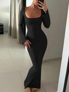 Floreya Basic Everyday Sexy Slim Fit Square Neck Long Sleeve Bodycon Black Maxi Dress For Women, Autumn Waist Fitted Slim Sexy Long Dress