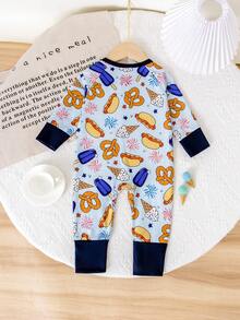 1pc Baby Boy Overall Romper With Hot Dog, Pretzel, Ice Cream, Ice Lolly Prints, Round Neck Long Sleeve Contrast Color Zipper Design, Suitable For Daily Casual Wear