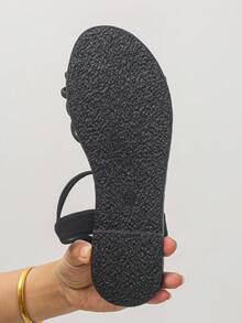 1 双夏季休闲一脚蹬青少年凉鞋，时尚打结舒适平底露趾鞋 - 黑色 - 查看 8