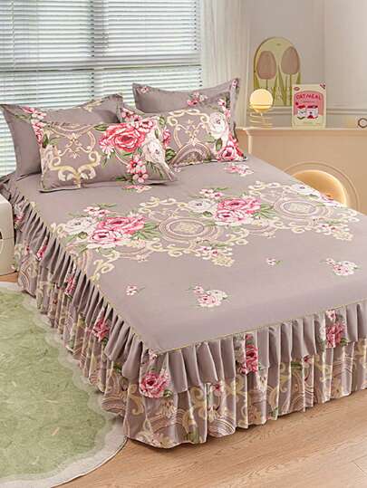3pcs Bed Skirt Set (1 Bed Skirt + 2 Pillowcases), Ruffled Bed Skirt Detail, Comfortable Skin-Friendly Breathable Function, Suitable Decorative Bedding For Bedroom