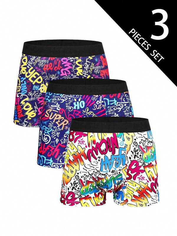 3Pcs Men Cartoon Letter Graffiti Boxer Brief Trunks,Men Lingerie,Pajamas,Men Underwear,Soft And Comfortable Lining, Suitable For Daily Wear And Gatherings