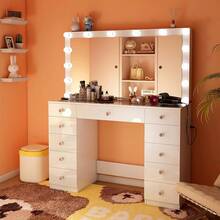 Wanan Vanity Desk With Power Outlet, Makeup Vanity With Mirror And 14 LED Light, 3 Lighting Modes,11 Drawer Vanity Table With Sliding Jewelry Storage, Glass Top, Specular Surface, White - 粉色 - 查看 3