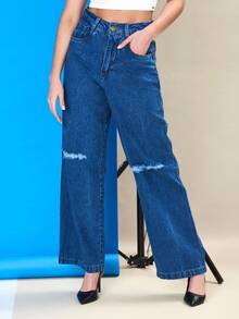 Women's Wide Leg Jeans With Ripped Knee, Marbled Wash With Hem ALIANZA JEANS - Medium Wash - View 3