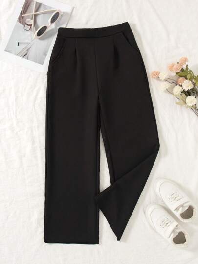 Girls' Casual Everyday Elastic Waist Pocket Design Solid Color Pants, Spring & Autumn