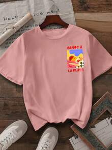 羅紋 純棉 女式T卹，學院風 春夏 新款 運動女裝，垂感 時尚 柔軟 透氣 女式短袖上衣,食物彩繪圖印花 - 粉色 - 查看 3