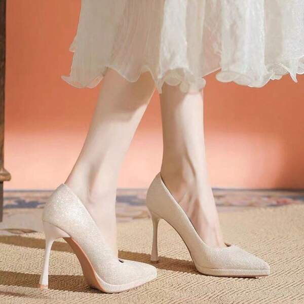 2025 New French Champagne Color Wedding Shoes For Women Bride Waterproof Platform High Heels Simple Elegant Shallow Mouth Thin Heels