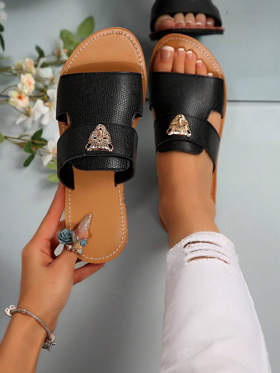2024 Summer Fashion Tiger Head Buckle Decor Flat Slip-On Mule Sandals, Vintage Casual Open Toe Slippers - Black - View 1