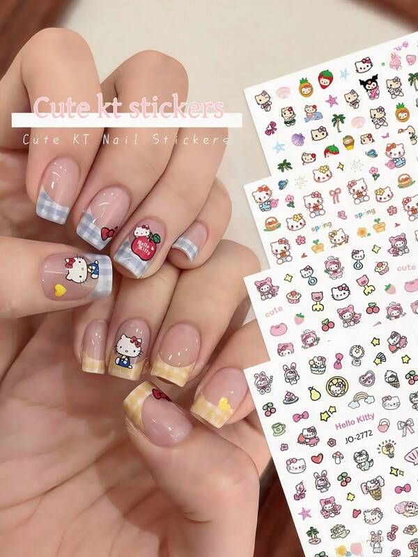 Sanrio 3 pièces Stickers de décoration d'ongles Sanrio Hello chat New KT chat chat chat, autocollants de thème de bande dessinée pour décoration d'ongles, décoration plate de surface Ossy, matériau en plastique à usage unique, décoration d'ongles DIY et cadeau de style aléatoire (certains motifs sont différents, cela n'affecte pas l'utilisation)