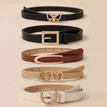 5 pièces/set Ceintures réglables pour femmes, simili-cuir noir et blanc avec boucles en alliage en forme de papillon et de cœur, design élégant haut de gamme, polyvalent pour casual, travail, cadeau, été, école, automne, Halloween