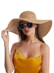Sombrero de ala ancha para mujeres Sombrero de paja cómodo y elegante con lazo sombrero de playa de verano proteccion solar moda - Caqui - Ver 1