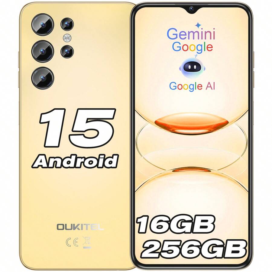 OUKITEL C1 Pro 智能手机，Android 15 操作系统，16GB+256GB/1TB 存储空间，5150mAh 电池，6.52 英寸高清+显示屏，1300 万像素摄像头，双 4G SIM 卡槽，无锁，3 个卡槽/指纹识别/OTG/3.5mm 耳机插孔 - 金色 - 查看 1