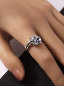 1 Pair Fashionable Rhinestone Star & Moon Design Stackable Copper Rings, Suitable For Women Casual, Dating, Valentine's Day, Wedding, Birthday Gifts - Sun and Moon Ring - View 5