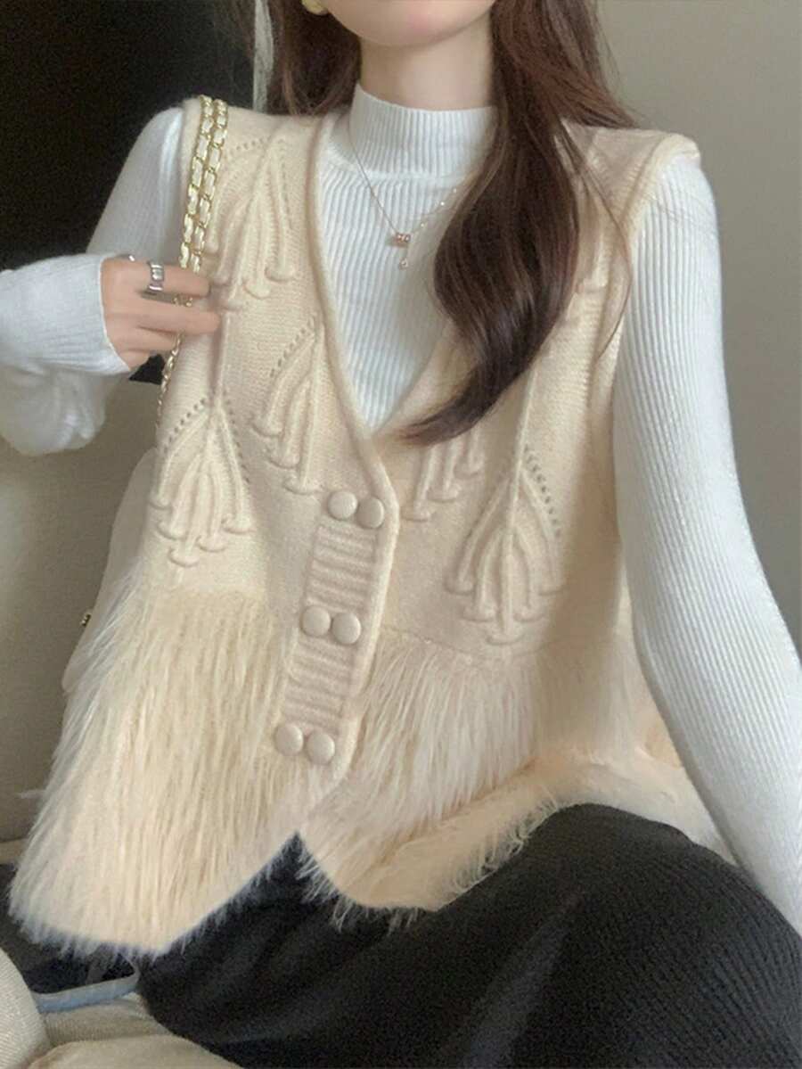 女士纯色毛绒拼接V领毛衣背心,秋冬款 - 杏色 - 查看 1