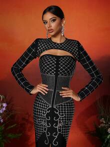 Love Aing Amor Aing 2 piezas vestido de fiesta de gala elegante y sexy con diseño de cuentas hecho a mano, vestido largo de noche maxivestido ajustado con efecto calado