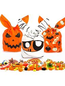 50pcs-Halloween Candy Bags - Set Of 50 Plastic Bunny Ear Snack Bags For Trick Or Treat, Halloween Party Decorations And Favors - Cute Cookie Gift Bags With Pumpkin And Mummy Designs - Multicolor - View 3