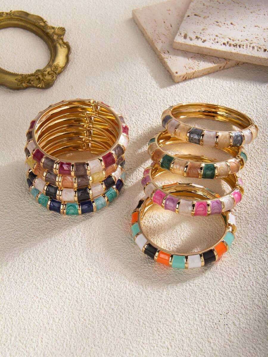 1 件时尚波西米亚风格锌合金和树脂彩色弹性手镯，适合女士 - 滴油款 - 查看 1