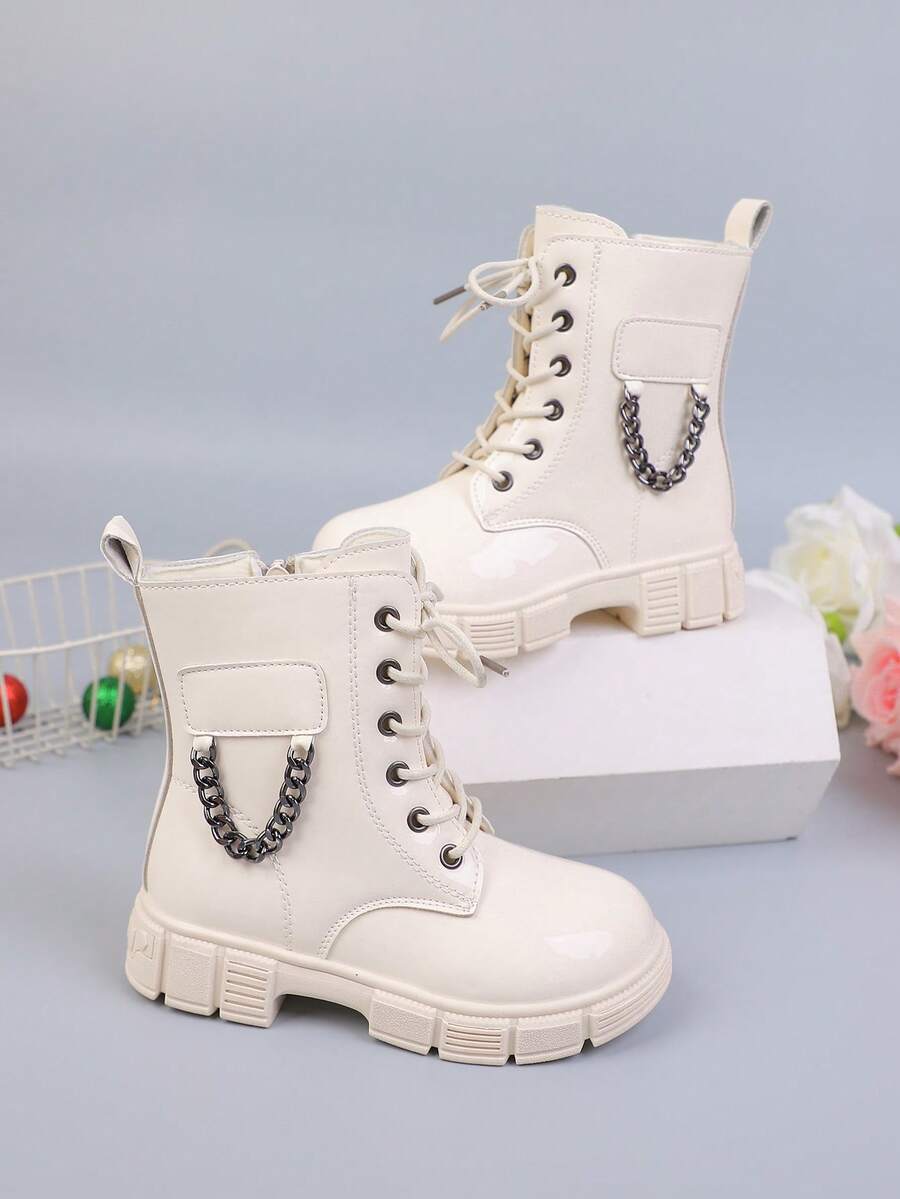 新款圆头儿童靴子休闲复古平底女童短靴防滑耐磨靴子女孩学生朋克靴 - 米色 - 查看 1