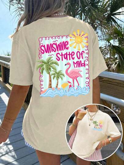 女式夏季阳光心态图形印花圆领短袖简约休闲日常大码 T 恤上衣、时尚夏季印花图形女式上衣、复古海滩印花图形女式夏季服装、棕榈树火烈鸟阳光印花图形夏季上衣