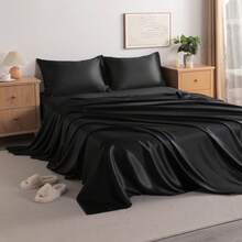 Black Satin Bed Sheet Set – Luxury Silky Sheets With Deep Pocket Fitted Sheet And Pillowcases - Black - View 2