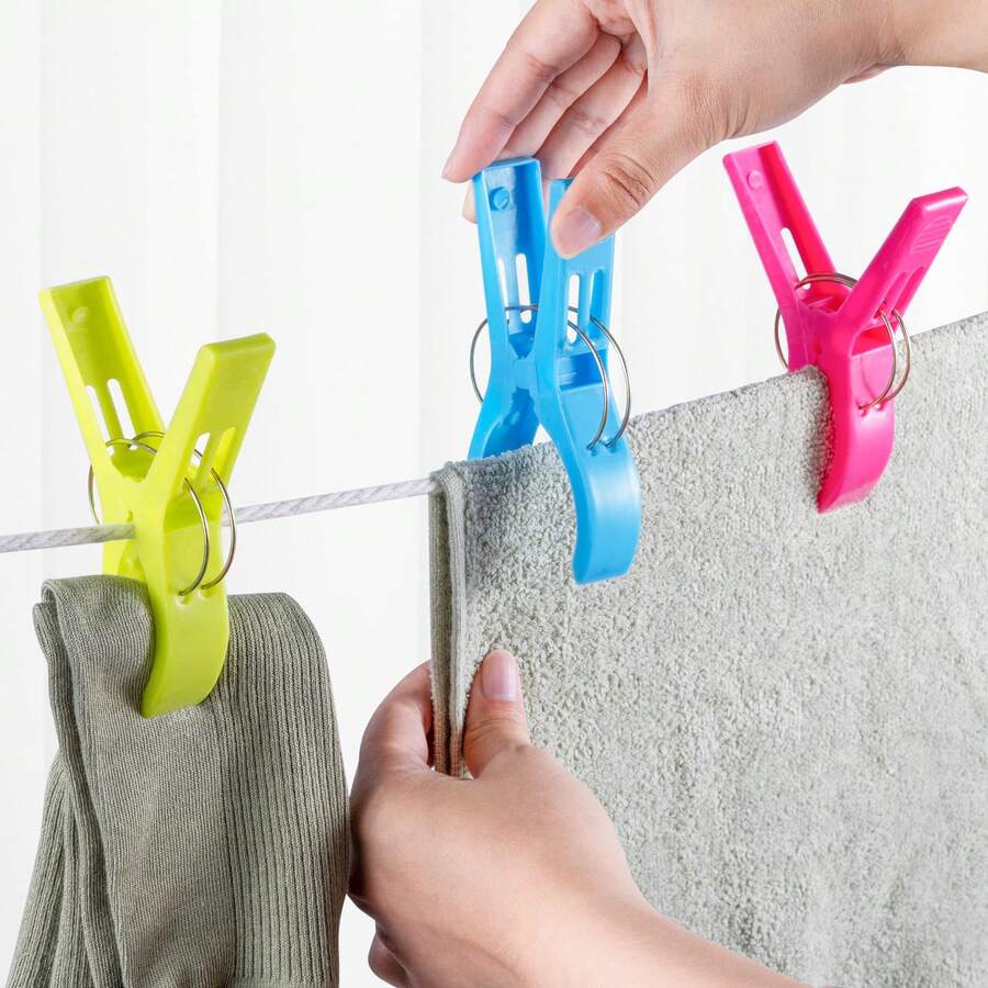 Plastic Clothespins, Beach Towel Clips, Securely Holds Clothes And Blankets On Clothesline Or Hangers, Clothespins, Windproof Clips, Large Plastic Clips For Clothesline, Clips For Chairs, Extra Large Plastic Clips For Pool Lounge Chairs, Hooks For Beach Chairs - Four Colors 4PCS 13.5*3CM - View 1
