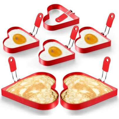 6 Pcs Heart Egg Ring Pancake Ring Set Stainless Steel Fried Egg Mold Griddle Pancake Shapers With Silicone Handle For Mother's Day Gifts Breakfast Omelette Sandwich, Red, 4 Inch, 6 Inch