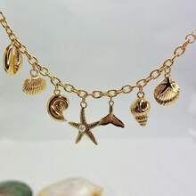 1 件 18K 镀金合金海星、贝壳、美人鱼吊坠手链，时尚，适合日常佩戴和度假