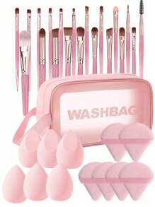 33件套专业化妆刷套装，含刷子清洁垫，包括：20支化妆刷、3个化妆海绵、3个洁面海绵、6个三角粉扑，适用于粉底、腮红、眼影、遮瑕等。化妆刷套装，化妆刷套装，化妆刷套装，全套化妆刷，化妆刷套装，全套化妆套装，化妆刷套装，化妆刷套装，化妆刷礼盒套装