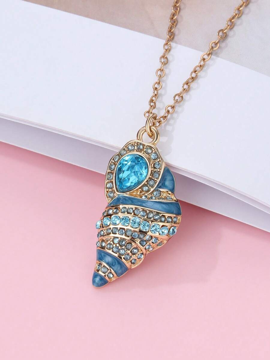 1 件女孩贝壳形锌合金渐变色喷漆彩色水钻装饰吊坠项链，适合日常休闲佩戴 - 彩色 - 查看 1