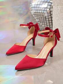 Wiosenne/jesienne satynowe bordowe kokardki ze spiczastym noskiem i paskiem na kostce na wysokich obcasach dla kobiet - Burgund - Zobacz 6