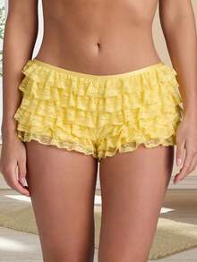 Women's Layered Lace Shorts Casual Stylish Solid Elastic Low Rise Shorts For Spring/Summer - 黃色 - 查看 3