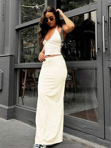 Long Skirt With Slit - 米色 - 查看 1