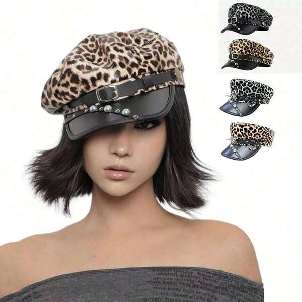 1 pièce Béret naval style couple design unique année tout, motif imprimé léopard mode punk avec clous métalliques, boucle , décoration d'araignée, casquette de marchand de journaux en PU vintage délavé