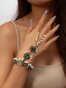 1pc Vintage Style Tasseled Ring Bracelet, Metal Handmade Coin & Rhinestone Encrusted Ring Chain