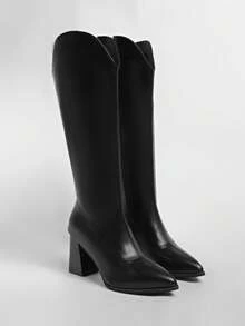 SHEIN ICON 搭配上衣的理想之选，2024秋季新款女士粗跟黑色靴子，V型缺口设计长靴，短款马靴风格，百搭，派对必备 - 黑色 - 查看 6