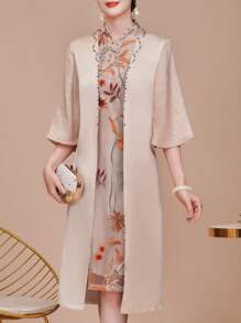 Contrast Embroidered Lace Floral Mesh Flare Sleeve Dress, Stand Collar 3/4 Sleeve Evening Gown 2 In 1, Elegant Mother Of The Bride Dress, Suitable For Wedding/Formal/Occasion/Guest/Engagement/Ceremony/Birthday/Social/Cocktail/Everyday/Vacation/Casual Wear