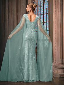 LUVISTRUE Mode Design Damen Pailletten Abendkleid mit Perlen besetztes Abendkleid für Abendpartys, Wohltätigkeitsveranstaltungen, Galas, Champagner Farbenes Mesh Langes Kleid, Geburtstagskleid