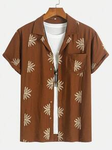 Camisa de manga corta con cuello cubano estampada para hombre, estilo de vacaciones con cuello solapa abotonado, camisa casual madura con estampado de cuello cubano de manga corta, camisa elegante minimalista para oficina y viajes, camisa de manga corta con cuello cubano para playa y casual de verano - Marrón - Ver 3
