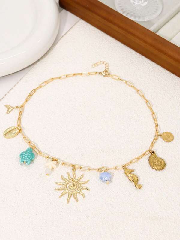 Multi-Element Necklace For Women, Including Ceramic Turtle, Seashell, Flower, Copper Sun, Shells, Stainless Steel Conches, And Seahorse Pendants, Suitable For Daily, Holiday, Dates, Parties, Festivals Gifting