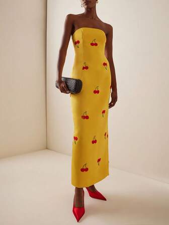 Cherry Print Dress With Back Slit, Long Strapless Dress For Women, Party & Summer Wear