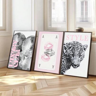 3 st orammade posters med leopardmönster, discokula och läppar i rosa, svart och vitt. Leopardmönster, väggkonst på kanvas med barstolar, konst i collegestil, modetidningsstämning, lämplig för lägenhet, vardagsrum, sovrum, modern heminredning.