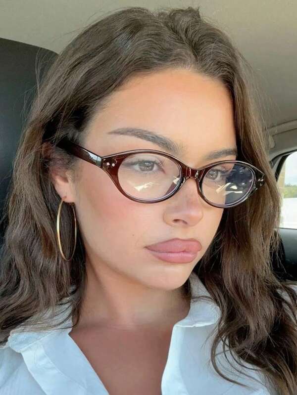 نظارة نسائية إطار بيضاوي من البلاستيك البني ذات تزيين دائري بسيط شيك، إطار مربع صغير عتيق بعدسات شفافة