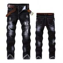 Men'S Slim Fit Stretch Jeans - Black, Slimming Denim Pants With Raw Hem & Button Detail, Versatile For All Seasons, Everyday Basics, Versatile Jeans | Distressed Denim | Rugged Denim Fabri