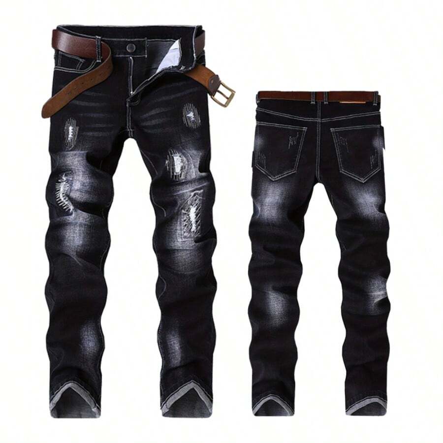 Men'S Slim Fit Stretch Jeans - Black, Slimming Denim Pants With Raw Hem & Button Detail, Versatile For All Seasons, Everyday Basics, Versatile Jeans | Distressed Denim | Rugged Denim Fabri