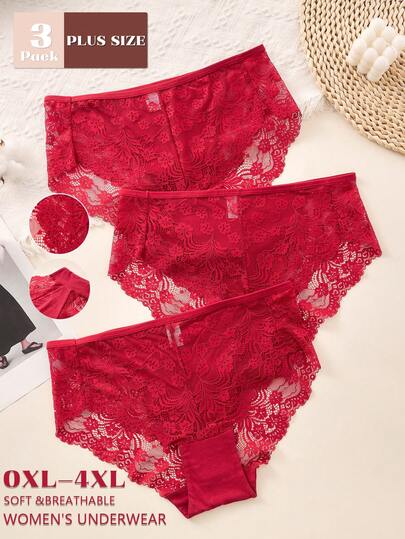 3条/包 大码女士浪漫蕾丝边透气纯色高品质内裤，红色内裤