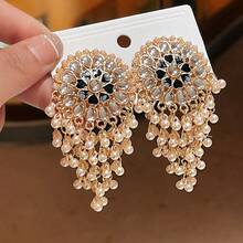 Andkiss 1 Pair High-End Geometric Round Faux Pearl Tassel Earrings - Gold-black - View 4