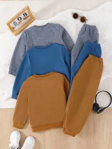 3pcs Baby Boy Fashion Casual Sweatshirt & Matching Pants Set, Gray, Blue, Khaki, Suitable For Spring/Autumn Sports, Daily Casual, School, Outdoor