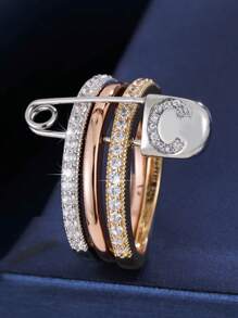 1 pezzo Anello da donna unico con design a 3 anelli e un singolo ago, decorato con zirconia cubica