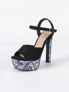 派对装白色露趾粗跟防水台高跟鞋女士